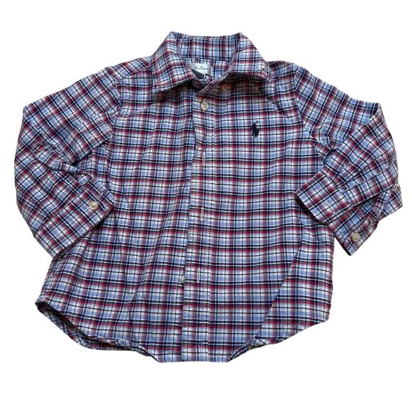 Ralph Lauren Plaid Button Down Shirt sz 18 M Red White Blue Plaid Preppy Classic - Picture 1 of 6